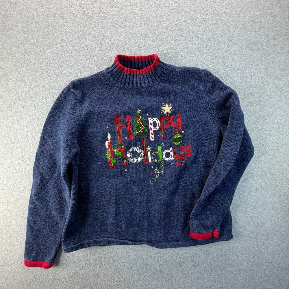 Tiara International Christmas Collection Happy Holidays Navy Mock Neck Sweater